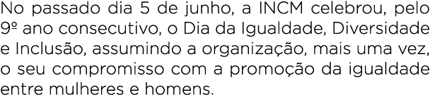 No passado dia 5 de junho, a INCM celebrou, pelo 9º ano consecutivo, o Dia da Igualdade, Diversidade e Inclus o, assu...