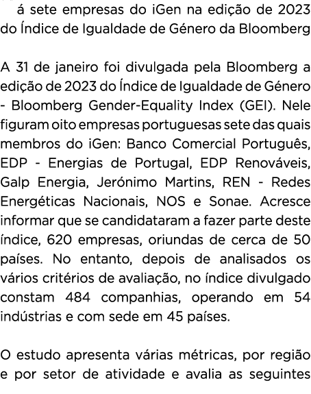 H sete empresas do iGen na edi  o de 2023 do  ndice de Igualdade de G nero da Bloomberg A 31 de janeiro foi divulgad...
